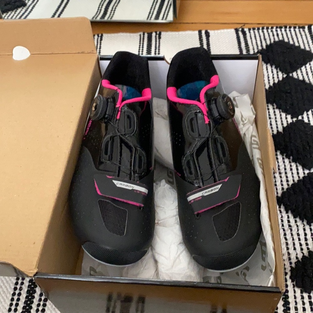 COPY - Black and punk Garneau cycling shoes.